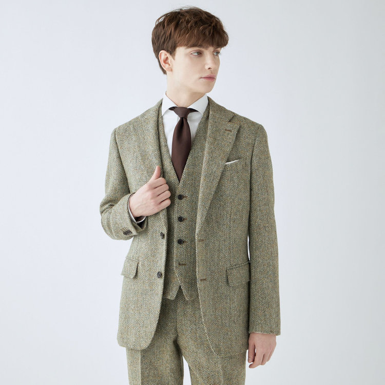 シルバーライン 【CLASSICO TAPERED】【秋冬】ウール2釦ジャケット/ベージュ×チェック+ツイード/Harris Tweed hand woven in the outer hebrides of scotland 茶淡色