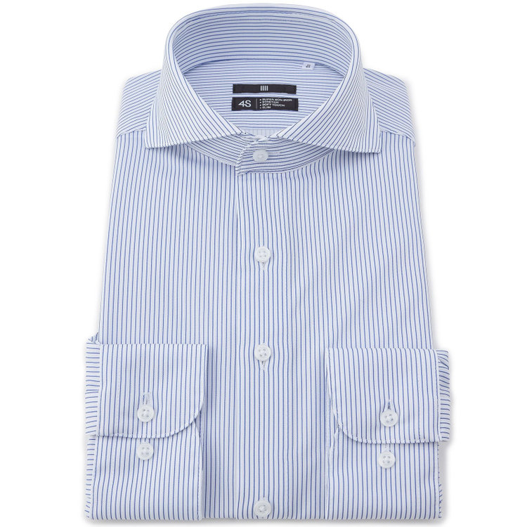 ブラックライン 【発送在庫あり】【WEB限定】【BLACK LINE】ホリゾンタルワイドワイシャツ/ホワイト×ネイビーストライプ/「4S」スーパーノンアイロン・ストレッチ 白