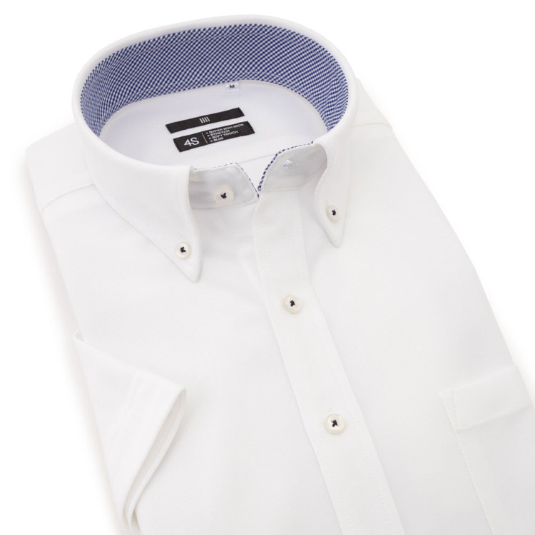 ブラックライン 【発送在庫あり】【BLACK LINE/半袖】ボタンダウンワイシャツ/ホワイト×ドビーストライプ/襟裏別布：チェック/釦付糸：ネイビー/「4S」スーパーノンアイロン・ストレッチ 白