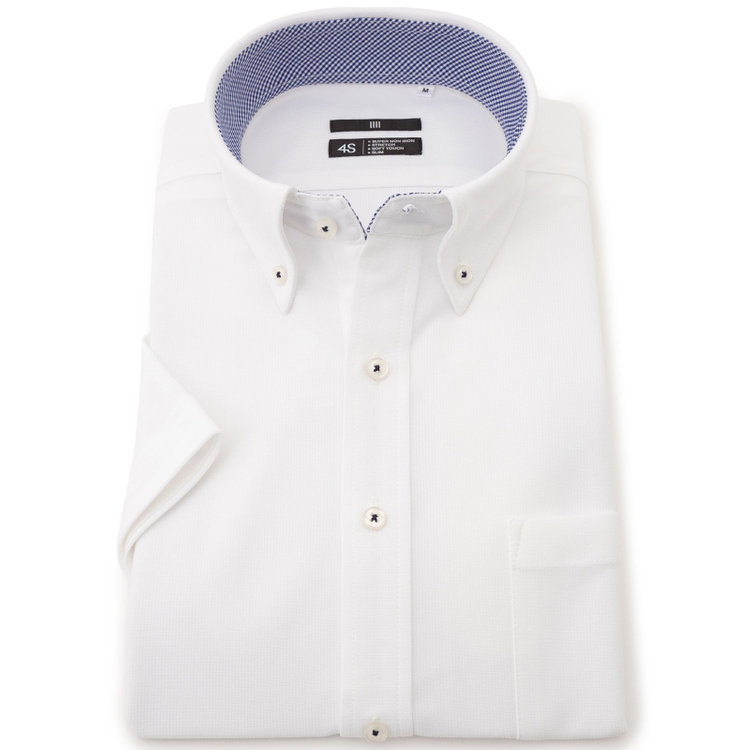 ブラックライン 【発送在庫あり】【BLACK LINE/半袖】ボタンダウンワイシャツ/ホワイト×ドビーストライプ/襟裏別布：チェック/釦付糸：ネイビー/「4S」スーパーノンアイロン・ストレッチ 白