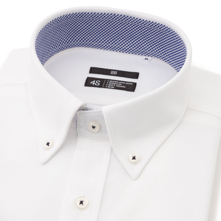 ブラックライン 【発送在庫あり】【BLACK LINE/半袖】ボタンダウンワイシャツ/ホワイト×ドビーストライプ/襟裏別布：チェック/釦付糸：ネイビー/「4S」スーパーノンアイロン・ストレッチ 白