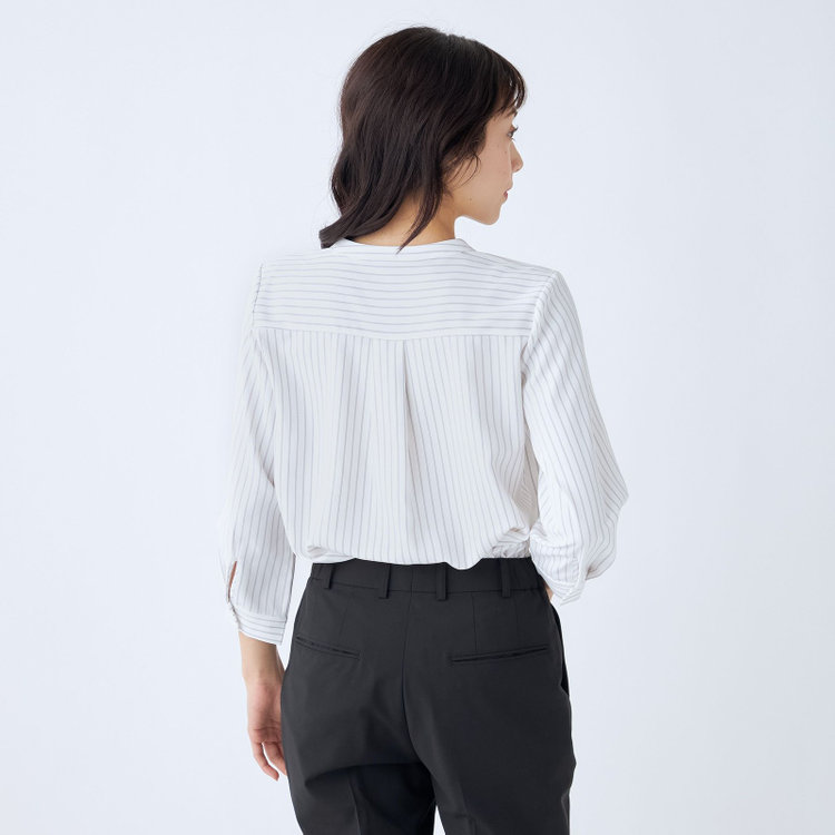 シルバーライン 【SILVER LINE/7分袖】バンドカラープルオーバー/ホワイト×グレー/「ウォッシャブル可能」「2WAYストレッチ」「防シワ」「UV加工」「接触冷感」 グレー淡色