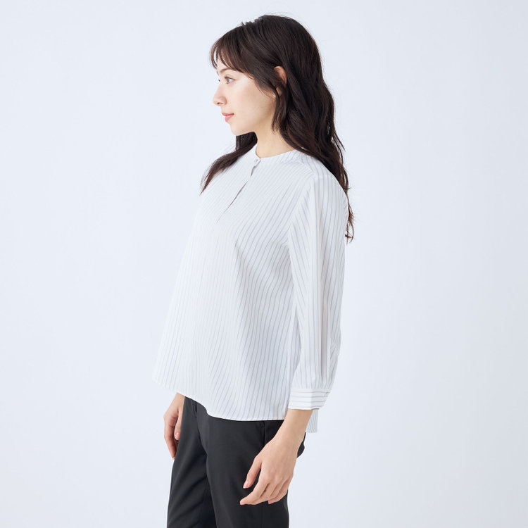 シルバーライン 【SILVER LINE/7分袖】バンドカラープルオーバー/ホワイト×グレー/「ウォッシャブル可能」「2WAYストレッチ」「防シワ」「UV加工」「接触冷感」 グレー淡色