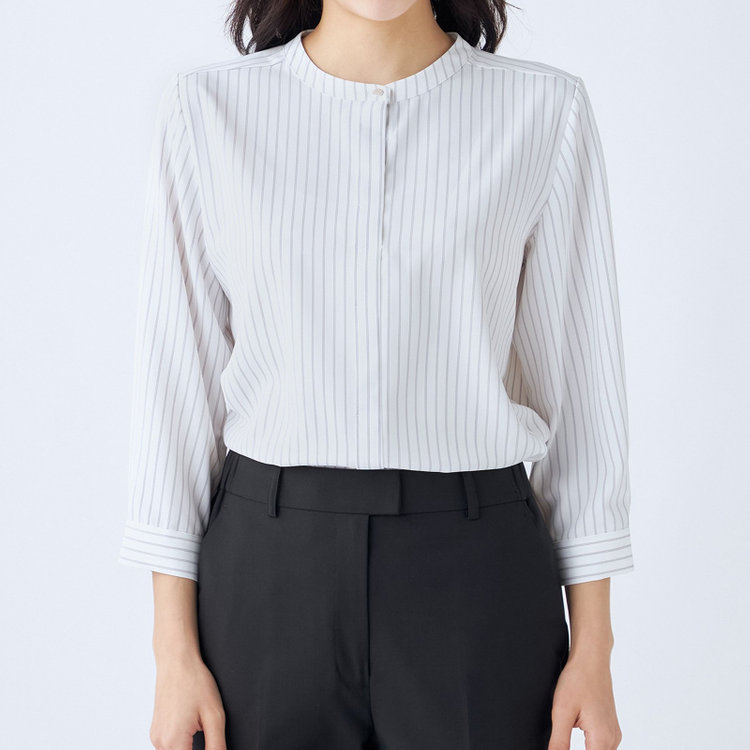 シルバーライン 【SILVER LINE/7分袖】バンドカラープルオーバー/ホワイト×グレー/「ウォッシャブル可能」「2WAYストレッチ」「防シワ」「UV加工」「接触冷感」 グレー淡色