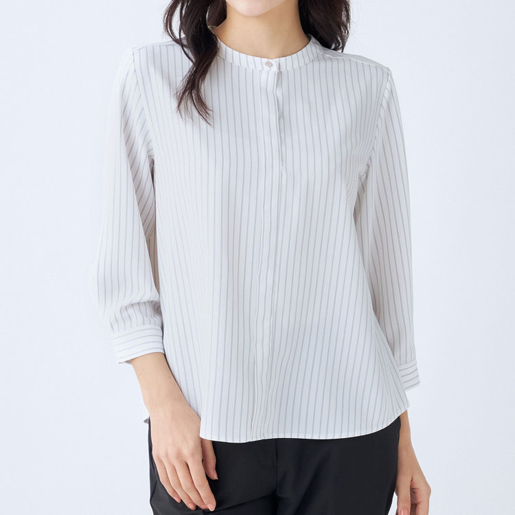 シルバーライン 【SILVER LINE/7分袖】バンドカラープルオーバー/ホワイト×グレー/「ウォッシャブル可能」「2WAYストレッチ」「防シワ」「UV加工」「接触冷感」 グレー淡色