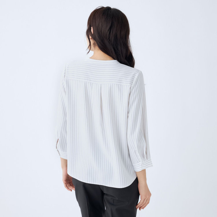 シルバーライン 【SILVER LINE/7分袖】バンドカラープルオーバー/ホワイト×グレー/「ウォッシャブル可能」「2WAYストレッチ」「防シワ」「UV加工」「接触冷感」 グレー淡色