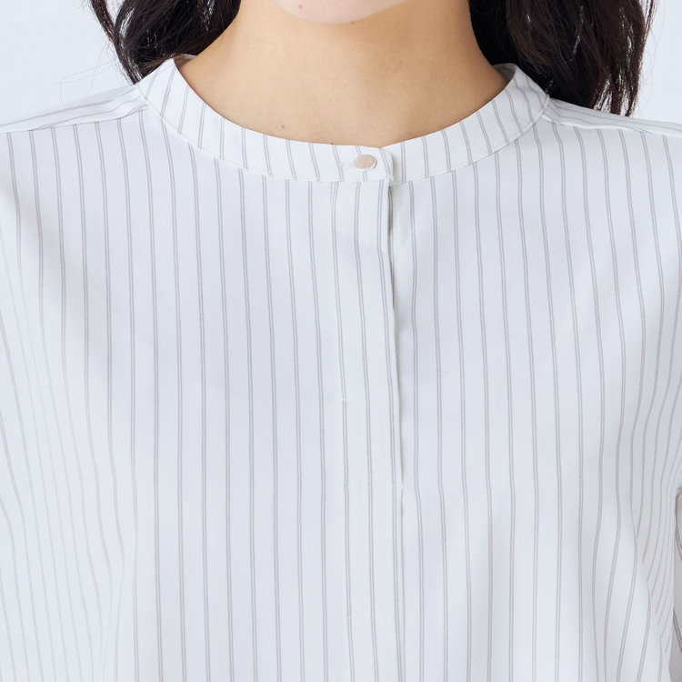 シルバーライン 【SILVER LINE/7分袖】バンドカラープルオーバー/ホワイト×グレー/「ウォッシャブル可能」「2WAYストレッチ」「防シワ」「UV加工」「接触冷感」 グレー淡色