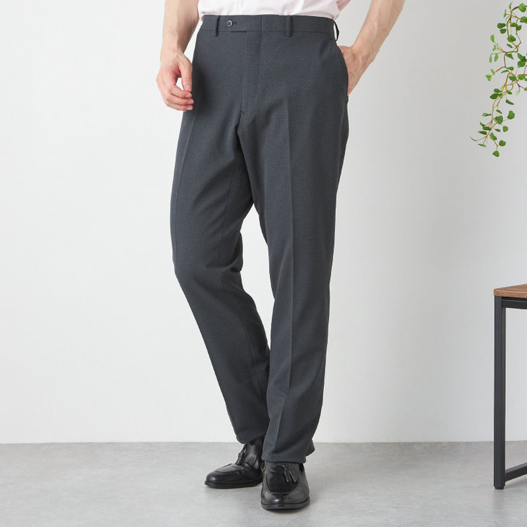 ブラックライン 【SLIM TAPERED】【春夏】ノータックテーパードパンツ/グレー×バーズアイ/「FREEZETECH 氷撃」冷感PRINT/4S SUSTAINABILITY&ECOLOGY FABRIC「ウォッシャブル」「ストレッチ」/※裾上げ済み仕様 グレー濃色
