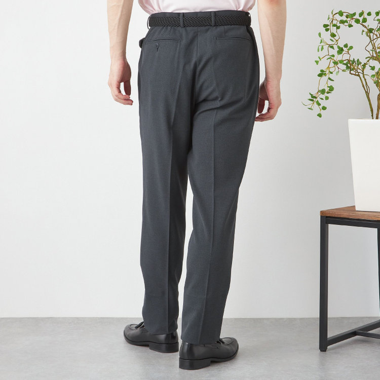 ブラックライン 【SLIM TAPERED】【春夏】ノータックテーパードパンツ/グレー×バーズアイ/「FREEZETECH 氷撃」冷感PRINT/4S SUSTAINABILITY&ECOLOGY FABRIC「ウォッシャブル」「ストレッチ」/※裾上げ済み仕様 グレー濃色