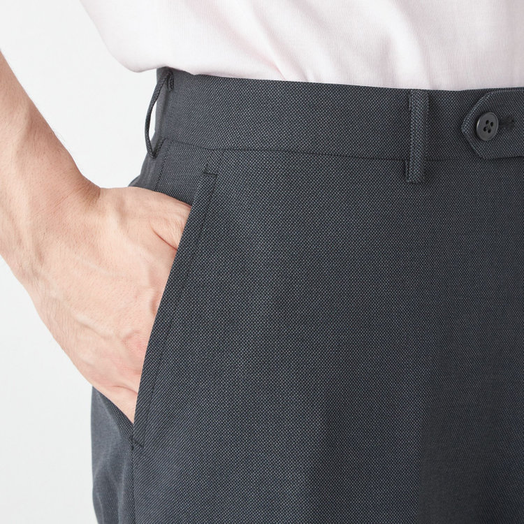 ブラックライン 【SLIM TAPERED】【春夏】ノータックテーパードパンツ/グレー×バーズアイ/「FREEZETECH 氷撃」冷感PRINT/4S SUSTAINABILITY&ECOLOGY FABRIC「ウォッシャブル」「ストレッチ」/※裾上げ済み仕様 グレー濃色