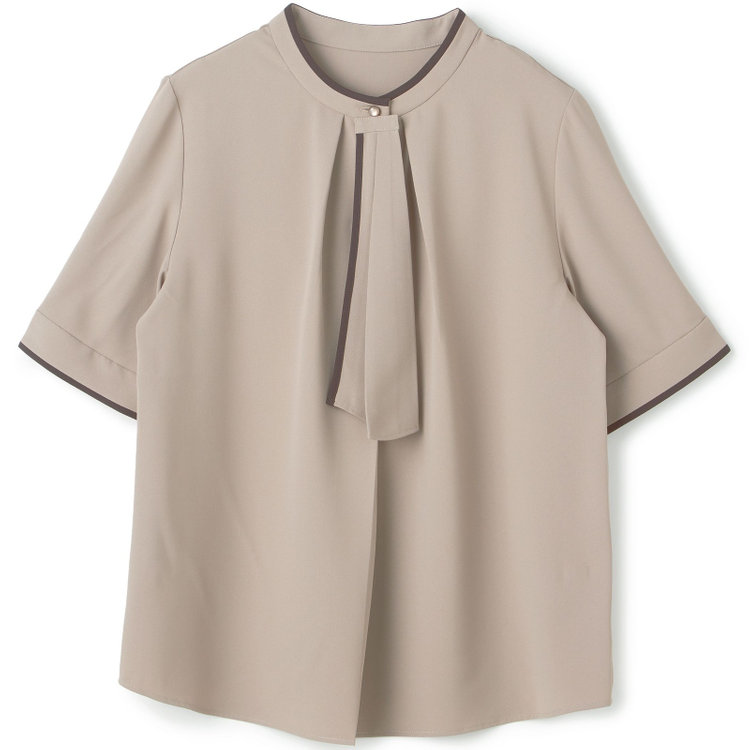 【SILVER LINE/5分袖】配色タイ脱着式/ブラウン/「ウォッシャブル」「ストレッチ」「防シワ」「UV加工」「接触冷感」