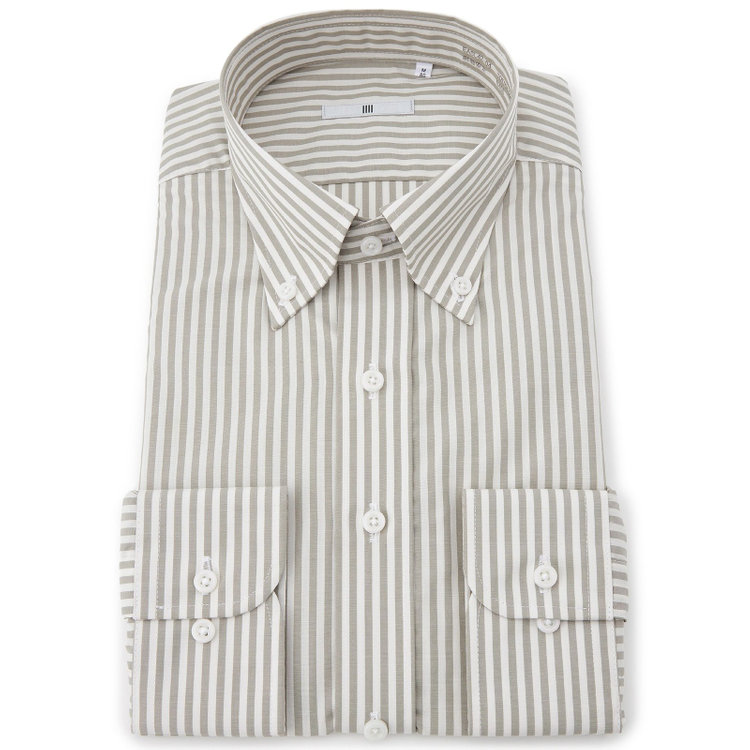 シルバーライン 【SILVER LINE】【形態安定】ボタンダウンワイシャツ/カーキグレー＆アイボリー×ストライプ グレー淡色