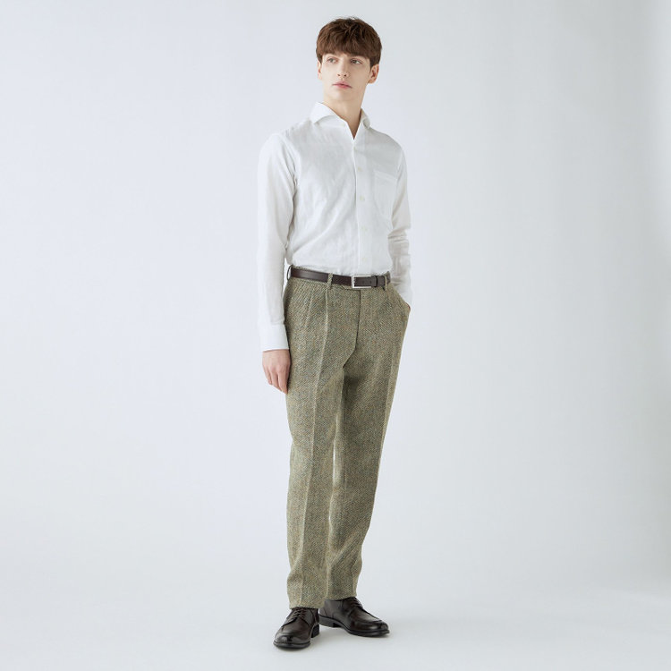 シルバーライン 【CLASSICO TAPERED】【秋冬】ウールテーパードパンツ 2タック/ベージュ×チェック+ツイード/Harris Tweed hand woven in the outer hebrides of scotland/※裾上げ必要 茶淡色