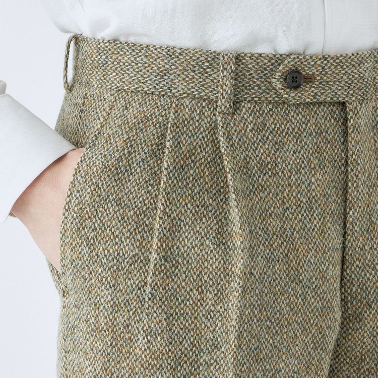 シルバーライン 【CLASSICO TAPERED】【秋冬】ウールテーパードパンツ 2タック/ベージュ×チェック+ツイード/Harris Tweed hand woven in the outer hebrides of scotland/※裾上げ必要 茶淡色