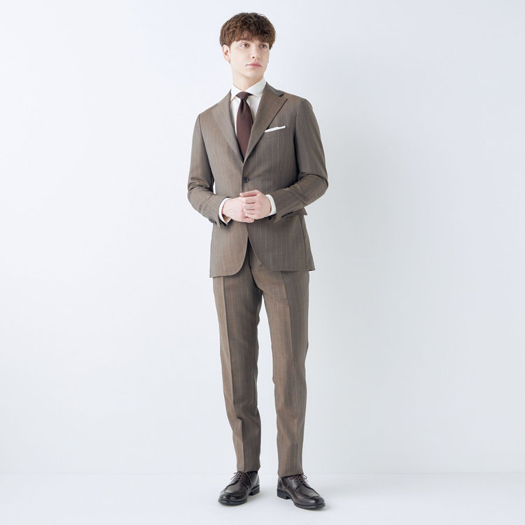シルバーライン 【発送在庫あり】【CLASSICO TAPERED】【春夏】3釦段返りシングルスーツ 2タック/ブラウン×ストライプ/ウエストムーブ仕様/MARZOTTO/※パンツ裾直し必要 茶中間