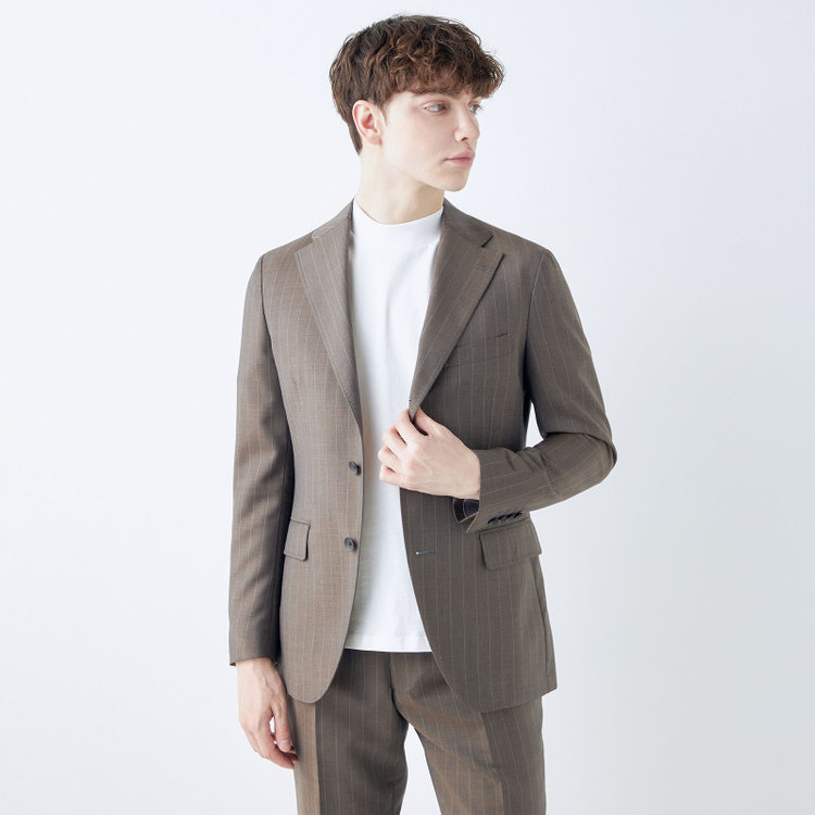 シルバーライン 【発送在庫あり】【CLASSICO TAPERED】【春夏】3釦段返りシングルスーツ 2タック/ブラウン×ストライプ/ウエストムーブ仕様/MARZOTTO/※パンツ裾直し必要 茶中間