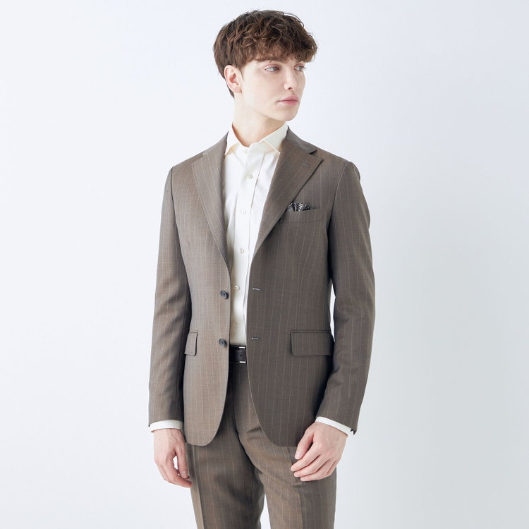 シルバーライン 【発送在庫あり】【CLASSICO TAPERED】【春夏】3釦段返りシングルスーツ 2タック/ブラウン×ストライプ/ウエストムーブ仕様/MARZOTTO/※パンツ裾直し必要 茶中間