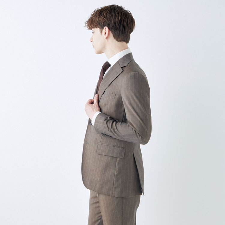 シルバーライン 【発送在庫あり】【CLASSICO TAPERED】【春夏】3釦段返りシングルスーツ 2タック/ブラウン×ストライプ/ウエストムーブ仕様/MARZOTTO/※パンツ裾直し必要 茶中間