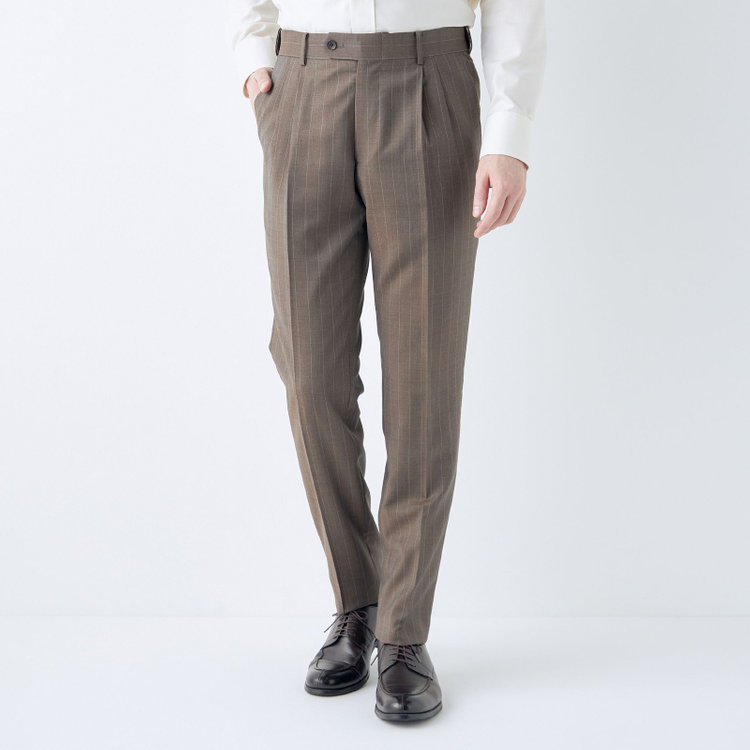 シルバーライン 【発送在庫あり】【CLASSICO TAPERED】【春夏】3釦段返りシングルスーツ 2タック/ブラウン×ストライプ/ウエストムーブ仕様/MARZOTTO/※パンツ裾直し必要 茶中間