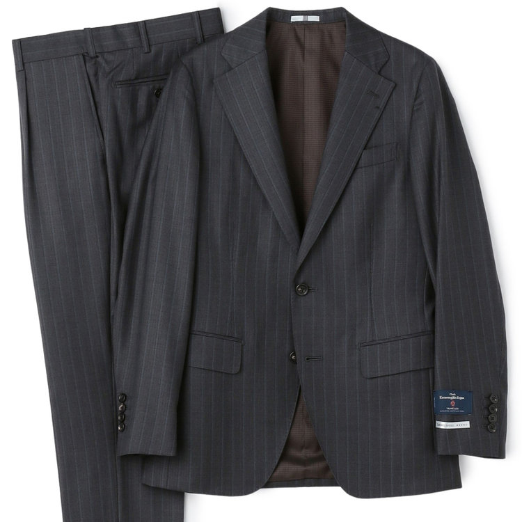 シルバーライン 【CLASSICO TAPERED】【秋冬】2釦シングルスーツ 1タック/グレー×ストライプ/ウエストムーブ/Ermenegildo Zegna TRAVELLER woven in italy/※裾上げ必要 グレー濃色