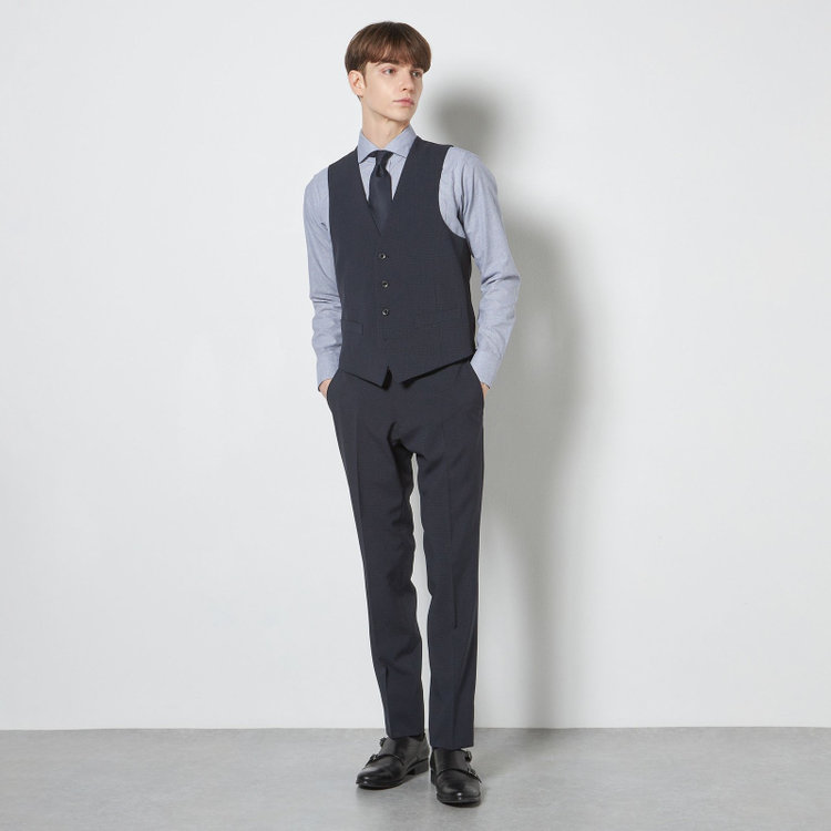 ブラックライン 【SLIM TAPERED_2】【春夏】2釦シングルスリーピーススーツ 0タック/ネイビー×チェック/ウエストシャーリング/4S SUSTAINABILITY&ECOLOGY FABRIC/※パンツ裾上げ済仕様 紺濃色