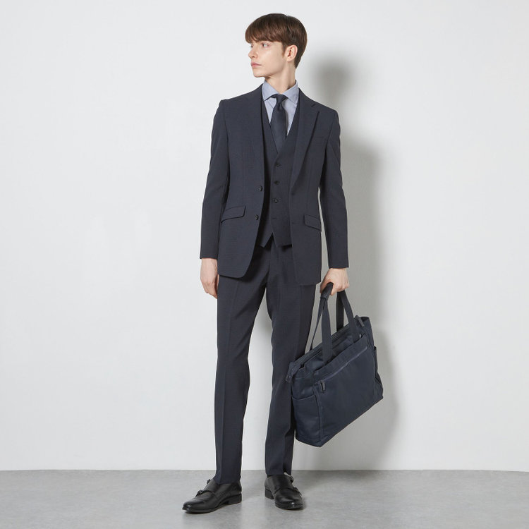 ブラックライン 【SLIM TAPERED_2】【春夏】2釦シングルスリーピーススーツ 0タック/ネイビー×チェック/ウエストシャーリング/4S SUSTAINABILITY&ECOLOGY FABRIC/※パンツ裾上げ済仕様 紺濃色