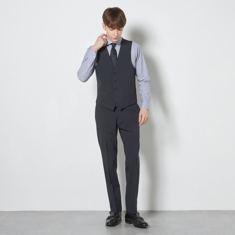 ブラックライン 【SLIM TAPERED_2】【春夏】2釦シングルスリーピーススーツ 0タック/ネイビー×チェック/ウエストシャーリング/4S SUSTAINABILITY&ECOLOGY FABRIC/※パンツ裾上げ済仕様 紺濃色