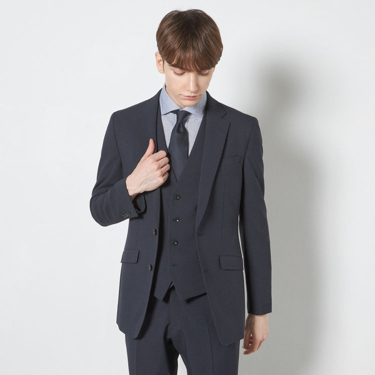 ブラックライン 【SLIM TAPERED_2】【春夏】2釦シングルスリーピーススーツ 0タック/ネイビー×チェック/ウエストシャーリング/4S SUSTAINABILITY&ECOLOGY FABRIC/※パンツ裾上げ済仕様 紺濃色