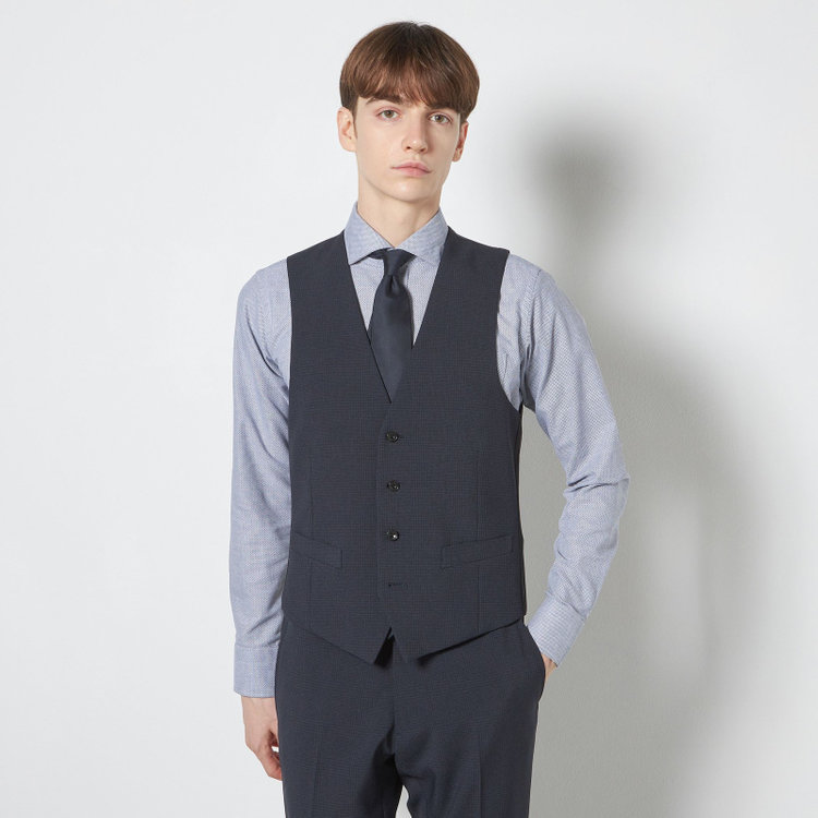 ブラックライン 【SLIM TAPERED_2】【春夏】2釦シングルスリーピーススーツ 0タック/ネイビー×チェック/ウエストシャーリング/4S SUSTAINABILITY&ECOLOGY FABRIC/※パンツ裾上げ済仕様 紺濃色