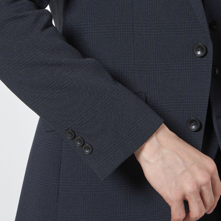 ブラックライン 【SLIM TAPERED_2】【春夏】2釦シングルスリーピーススーツ 0タック/ネイビー×チェック/ウエストシャーリング/4S SUSTAINABILITY&ECOLOGY FABRIC/※パンツ裾上げ済仕様 紺濃色