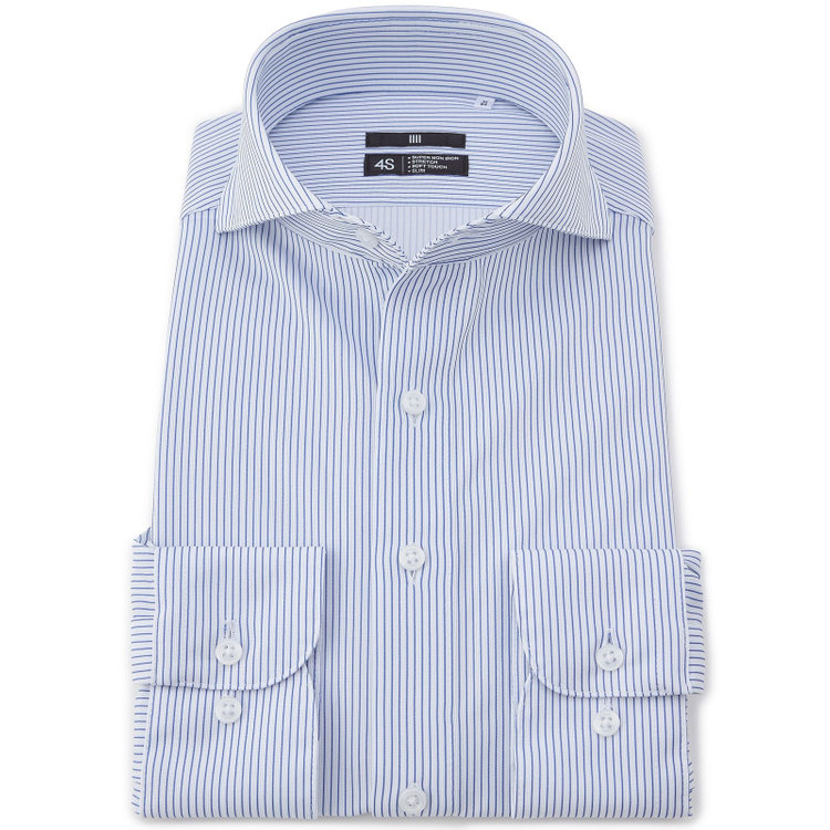 ブラックライン 【発送在庫あり】【WEB限定】【BLACK LINE】ホリゾンタルワイドワイシャツ/ホワイト×ネイビーストライプ/「4S」スーパーノンアイロン・ストレッチ 白