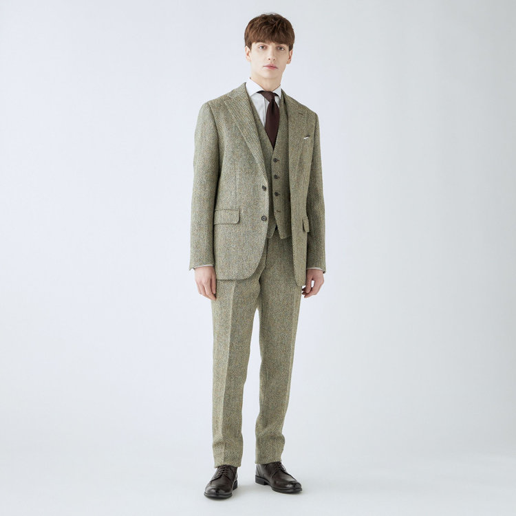 シルバーライン 【CLASSICO TAPERED】【秋冬】ウール2釦ジャケット/ベージュ×チェック+ツイード/Harris Tweed hand woven in the outer hebrides of scotland 茶淡色