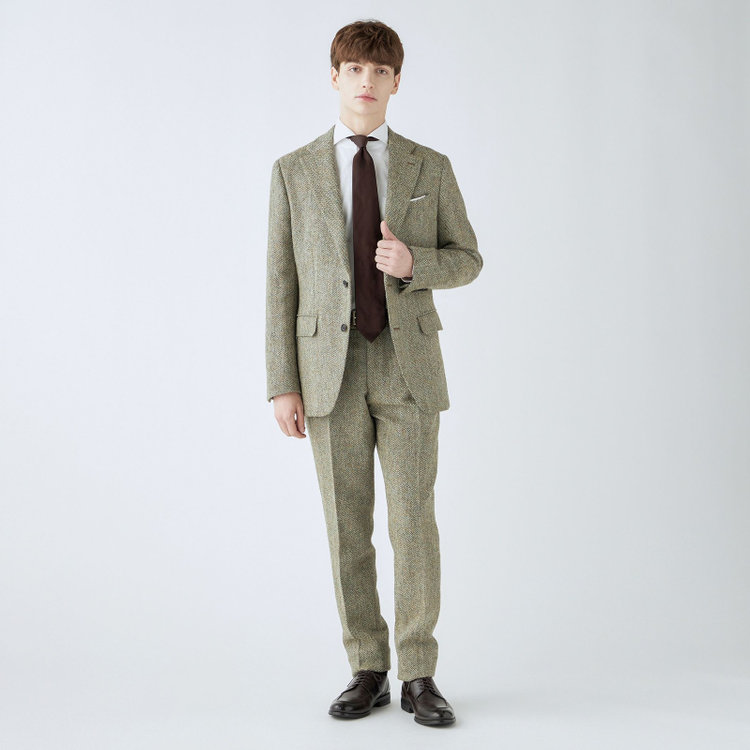 シルバーライン 【CLASSICO TAPERED】【秋冬】ウール2釦ジャケット/ベージュ×チェック+ツイード/Harris Tweed hand woven in the outer hebrides of scotland 茶淡色