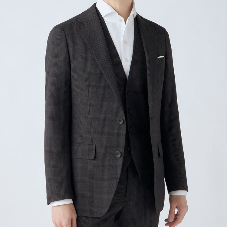 シルバーライン 【CLASSICO TAPERED】【秋冬】2釦シングルスリーピーススーツ 1タック/ブラウン×プレイド/ウエストムーブ/4S SUSTAINABILITY&ECOLOGY FABRIC/※パンツ裾上げ済仕様 茶中間