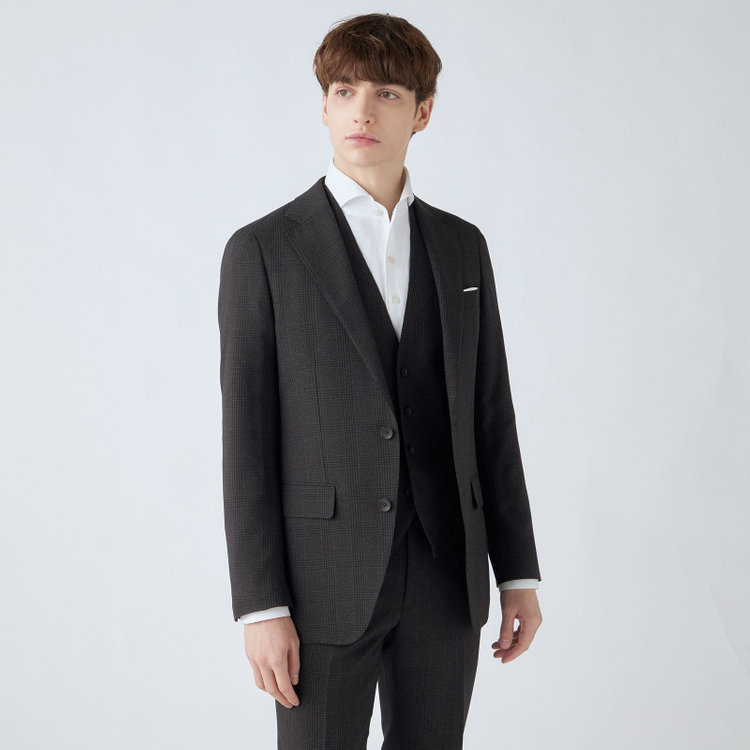 シルバーライン 【CLASSICO TAPERED】【秋冬】2釦シングルスリーピーススーツ 1タック/ブラウン×プレイド/ウエストムーブ/4S SUSTAINABILITY&ECOLOGY FABRIC/※パンツ裾上げ済仕様 茶中間