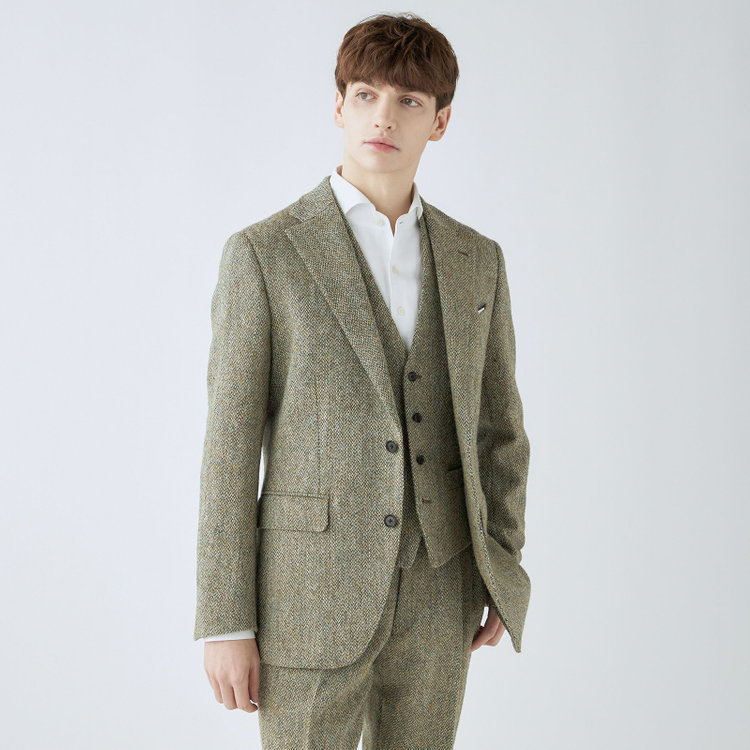 シルバーライン 【CLASSICO TAPERED】【秋冬】ウール2釦ジャケット/ベージュ×チェック+ツイード/Harris Tweed hand woven in the outer hebrides of scotland 茶淡色