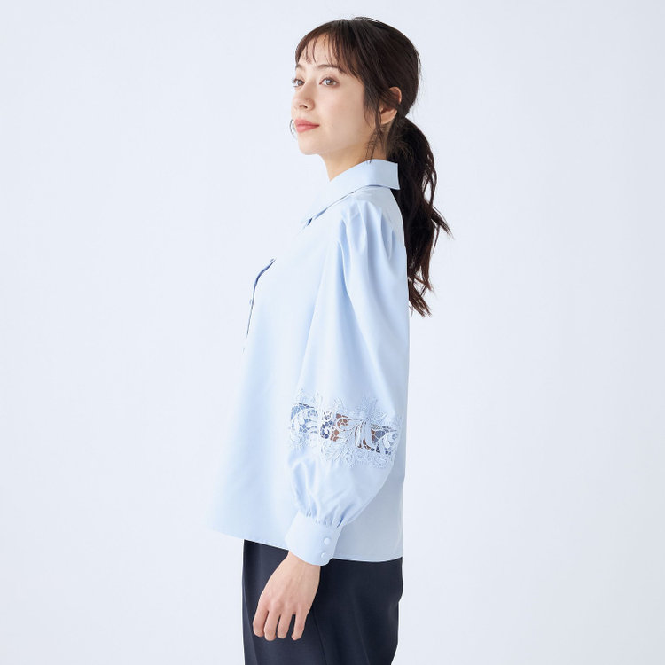 スーツセレクト 【Lady Like BLOUSE】【長袖】袖レース切替えブラウス/サックス 青淡色