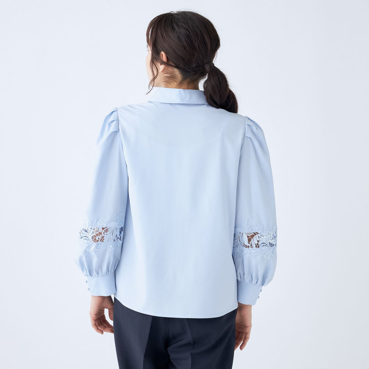 スーツセレクト 【Lady Like BLOUSE】【長袖】袖レース切替えブラウス/サックス 青淡色