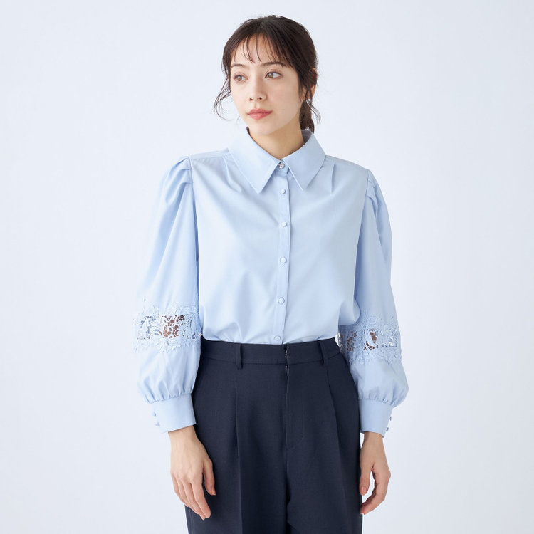 スーツセレクト 【Lady Like BLOUSE】【長袖】袖レース切替えブラウス/サックス 青淡色