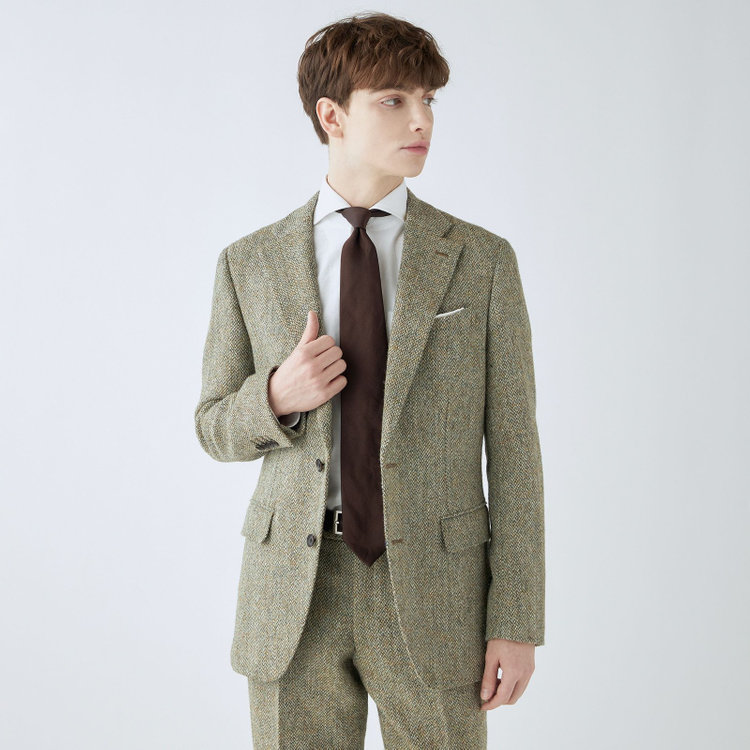 シルバーライン 【CLASSICO TAPERED】【秋冬】ウール2釦ジャケット/ベージュ×チェック+ツイード/Harris Tweed hand woven in the outer hebrides of scotland 茶淡色