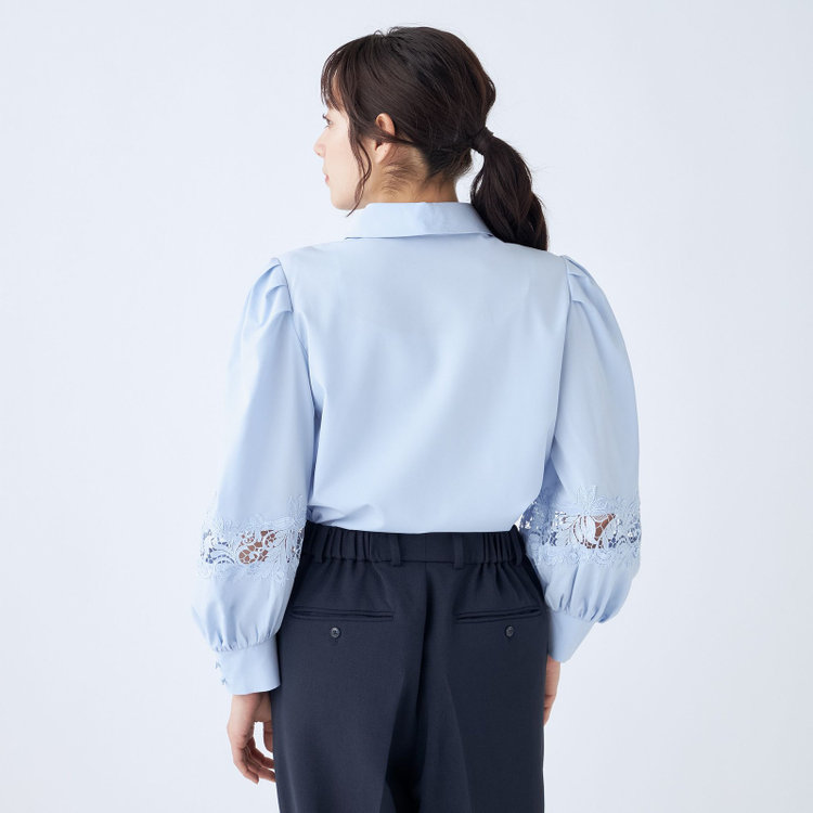 スーツセレクト 【Lady Like BLOUSE】【長袖】袖レース切替えブラウス/サックス 青淡色