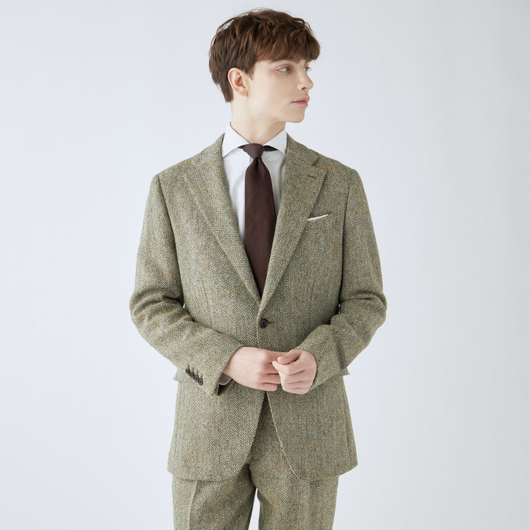 シルバーライン 【CLASSICO TAPERED】【秋冬】ウール2釦ジャケット/ベージュ×チェック+ツイード/Harris Tweed hand woven in the outer hebrides of scotland 茶淡色