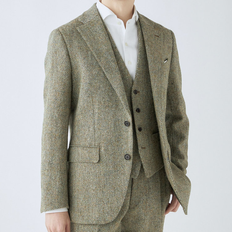 シルバーライン 【CLASSICO TAPERED】【秋冬】ウール2釦ジャケット/ベージュ×チェック+ツイード/Harris Tweed hand woven in the outer hebrides of scotland 茶淡色