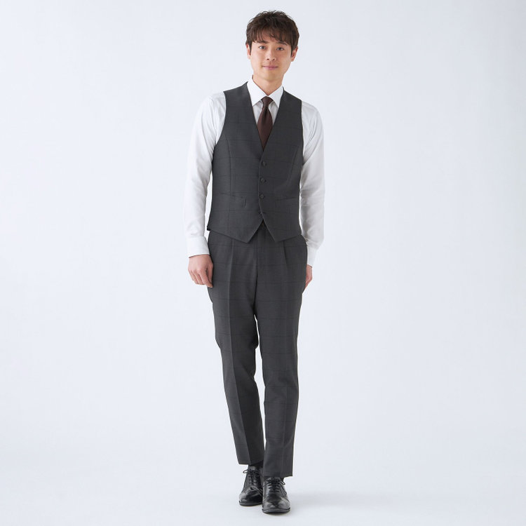 シルバーライン 【CLASSICO TAPERED】【春夏】2釦シングルスリーピーススーツ 1タックテーパードパンツ/グレー×ウィンドペン/ウエストムーブ/4S SUSTAINABILITY&ECOLOGY FABRIC/※パンツ裾上げ済仕様 グレー濃色