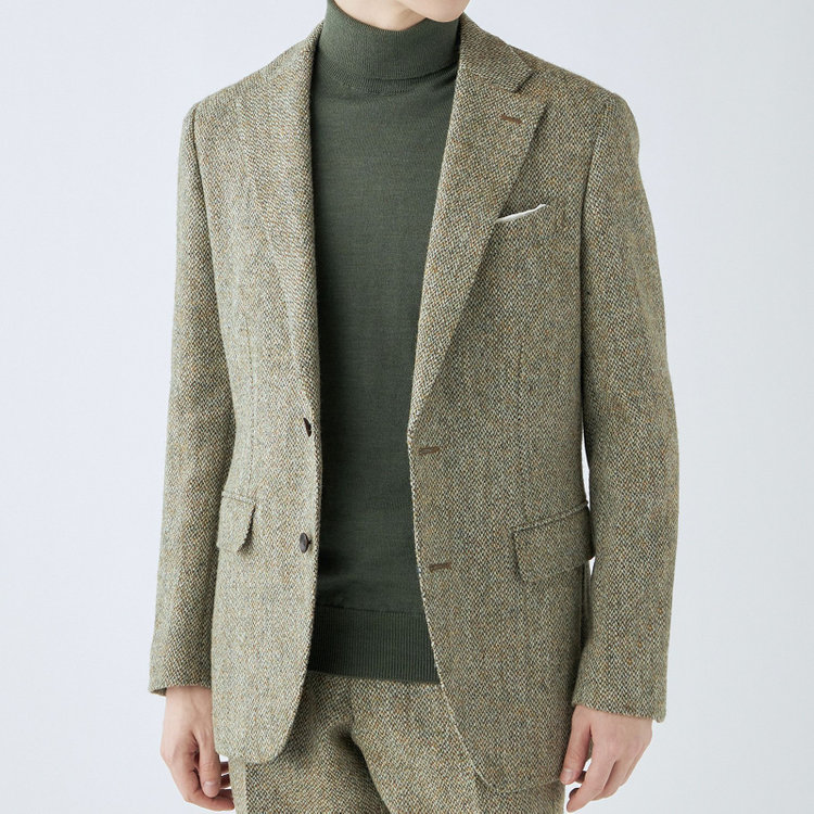 シルバーライン 【CLASSICO TAPERED】【秋冬】ウール2釦ジャケット/ベージュ×チェック+ツイード/Harris Tweed hand woven in the outer hebrides of scotland 茶淡色