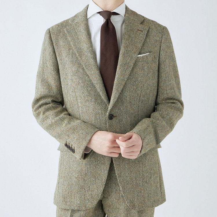 シルバーライン 【CLASSICO TAPERED】【秋冬】ウール2釦ジャケット/ベージュ×チェック+ツイード/Harris Tweed hand woven in the outer hebrides of scotland 茶淡色