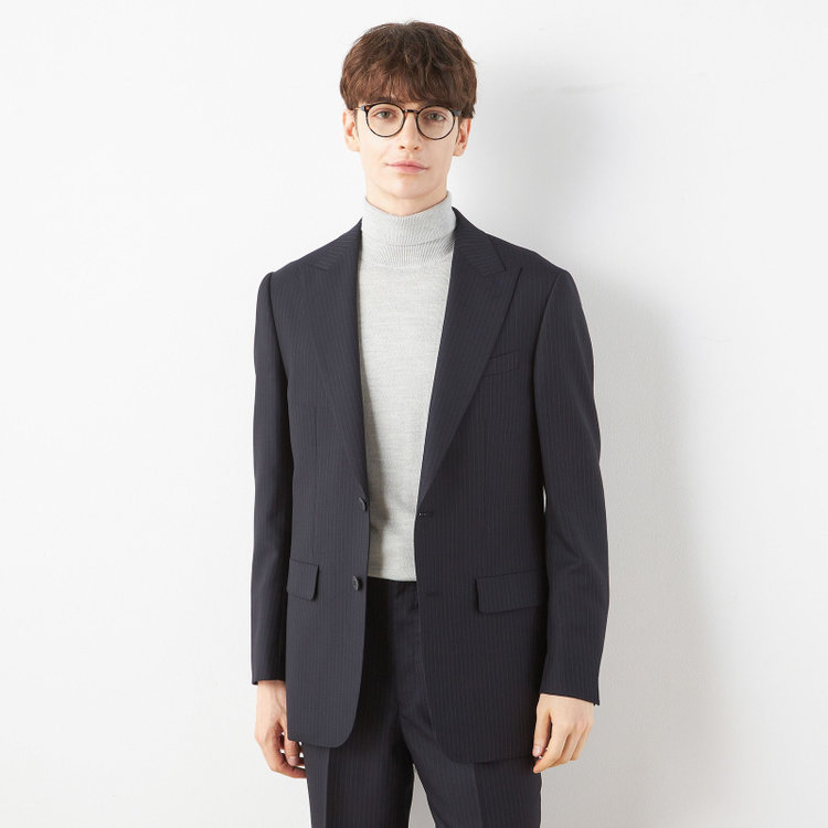 ソノタ 【BLACK LINE】ピークドラペル2釦シングルジャケット/ネイビー×ストライプ/NEW ZEALAND WOOL MIX 紺中間