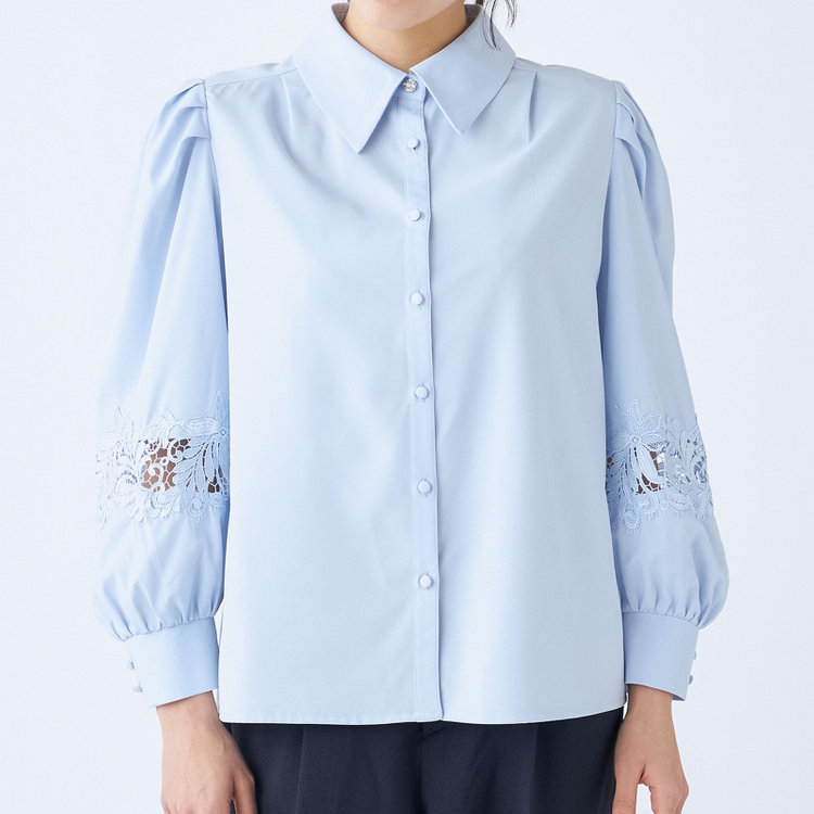 スーツセレクト 【Lady Like BLOUSE】【長袖】袖レース切替えブラウス/サックス 青淡色