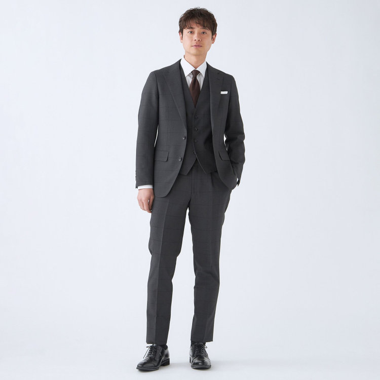 シルバーライン 【CLASSICO TAPERED】【春夏】2釦シングルスリーピーススーツ 1タックテーパードパンツ/グレー×ウィンドペン/ウエストムーブ/4S SUSTAINABILITY&ECOLOGY FABRIC/※パンツ裾上げ済仕様 グレー濃色
