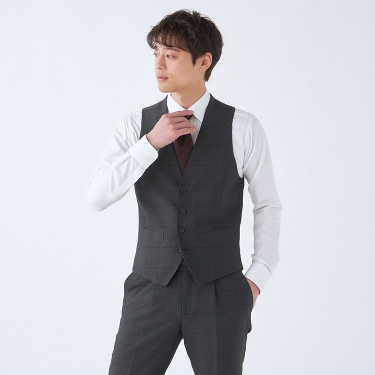 シルバーライン 【CLASSICO TAPERED】【春夏】2釦シングルスリーピーススーツ 1タックテーパードパンツ/グレー×ウィンドペン/ウエストムーブ/4S SUSTAINABILITY&ECOLOGY FABRIC/※パンツ裾上げ済仕様 グレー濃色